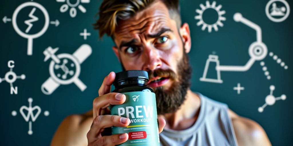 Man holding pre-workout supplement, scientific symbols around.