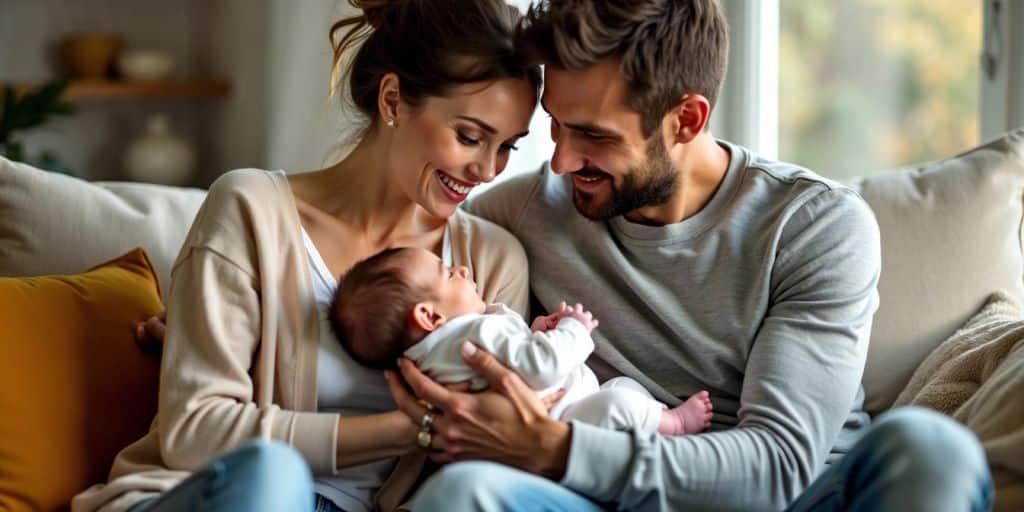 Young couple holding newborn on a cozy couch.