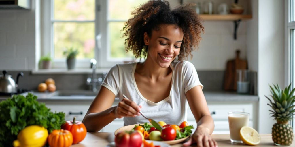 New mother eating healthy meal at table.