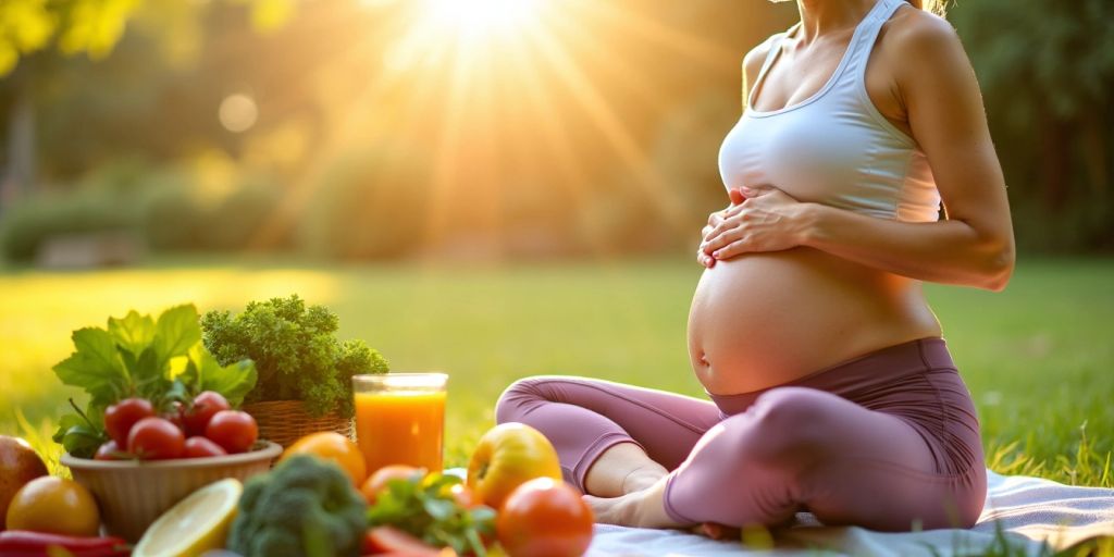 Pregnant woman exercising with healthy foods around her.