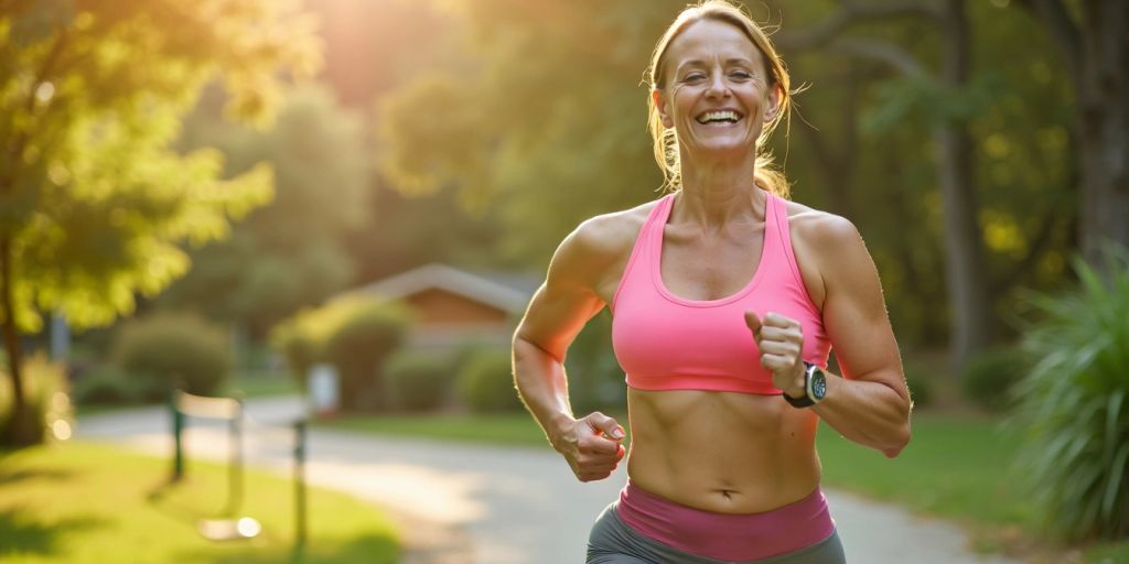 Woman exercising with healthy food, promoting weight management.