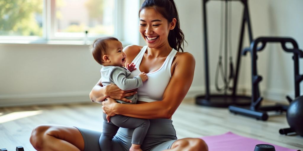 New mom exercising with baby and fitness equipment.