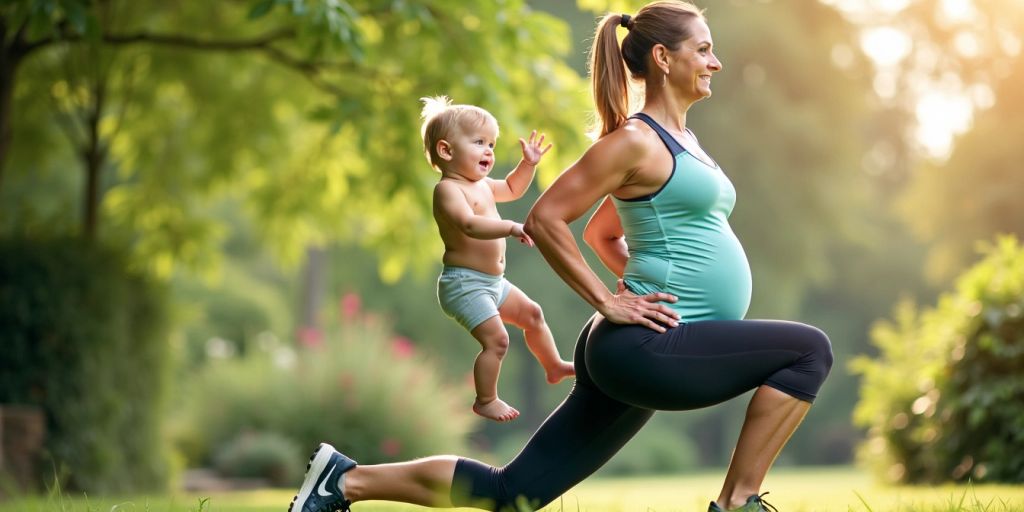 New mother exercising outdoors with her baby.