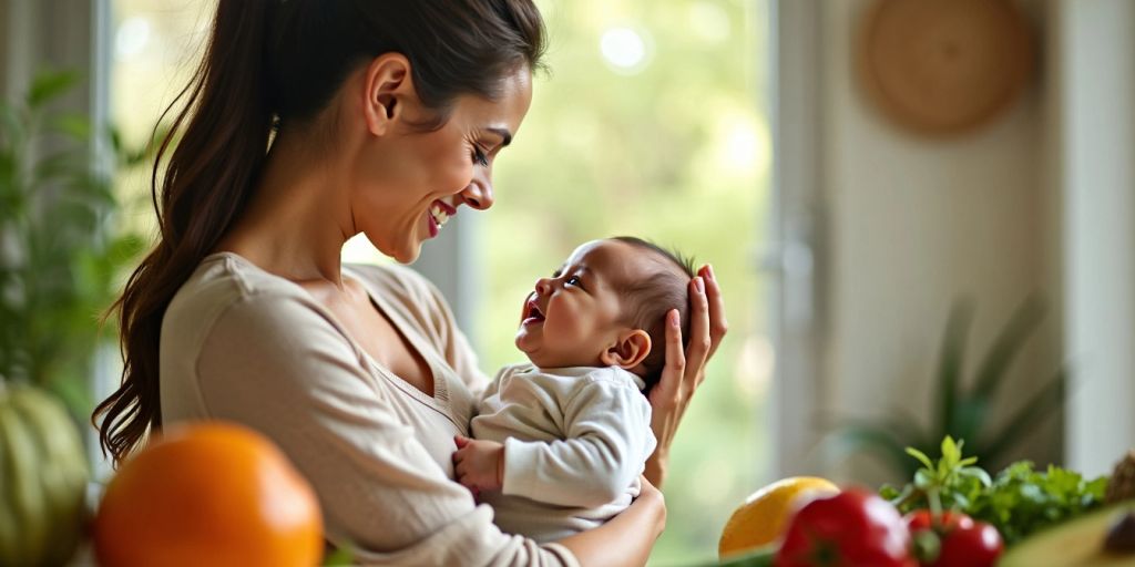 New mother with baby and healthy foods in natural light.