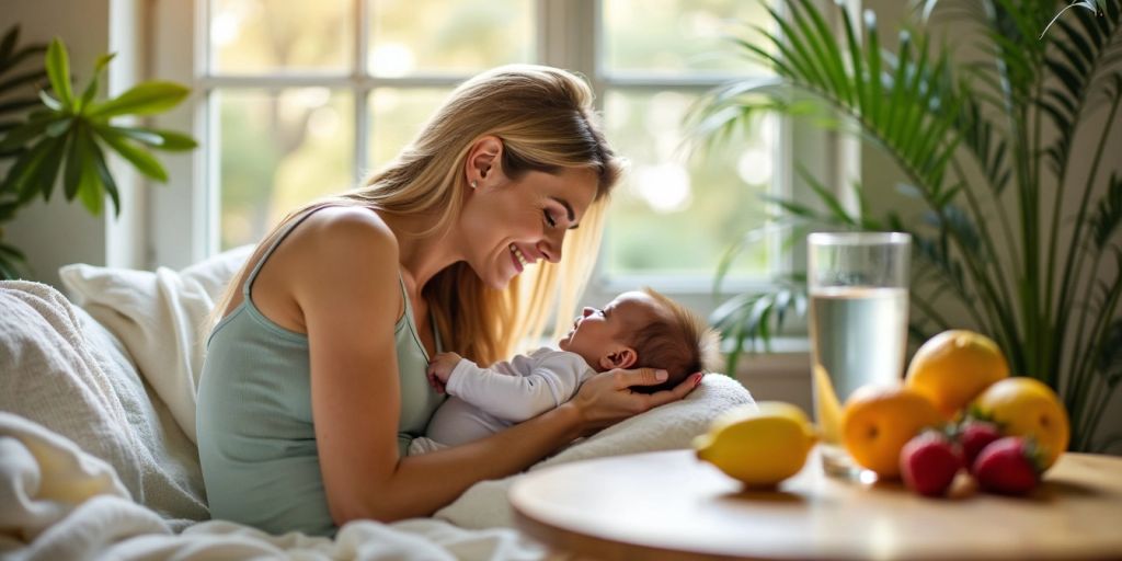 New mom with baby, fresh fruits, and water.