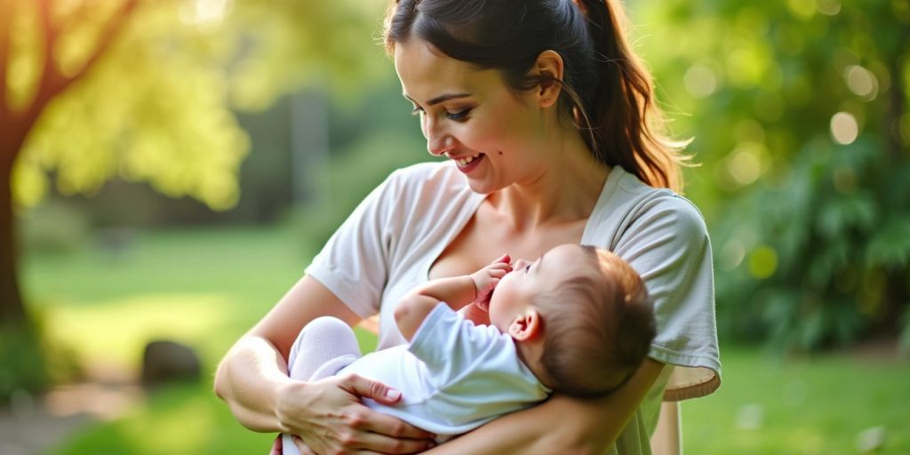 New mother breastfeeding in a lush green setting.