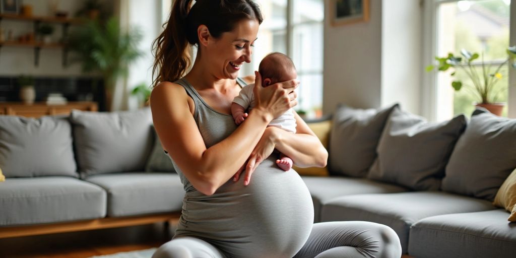 Mother exercising with baby in living room