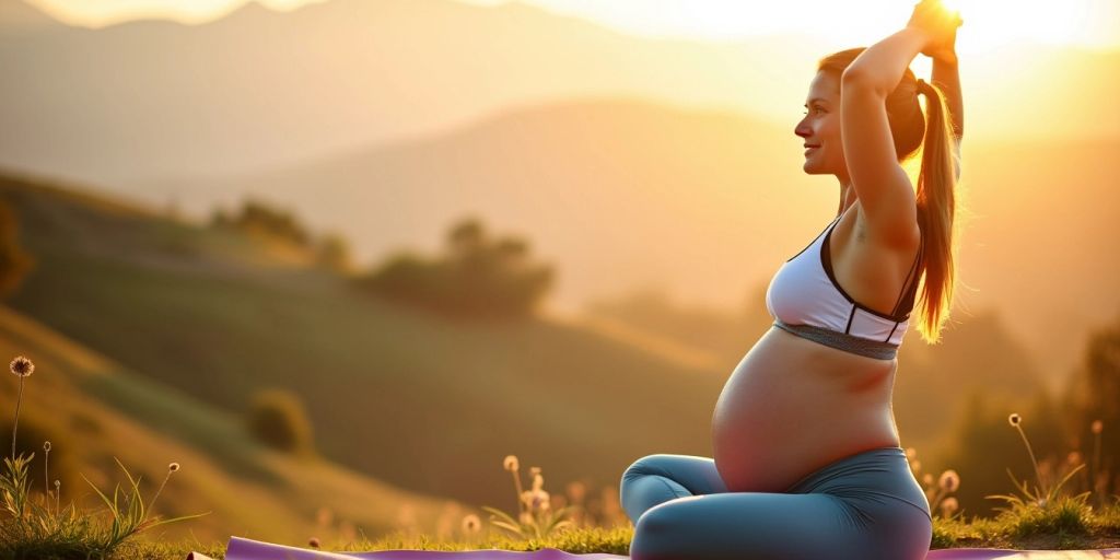 Woman doing yoga outdoors, promoting post-pregnancy wellness.