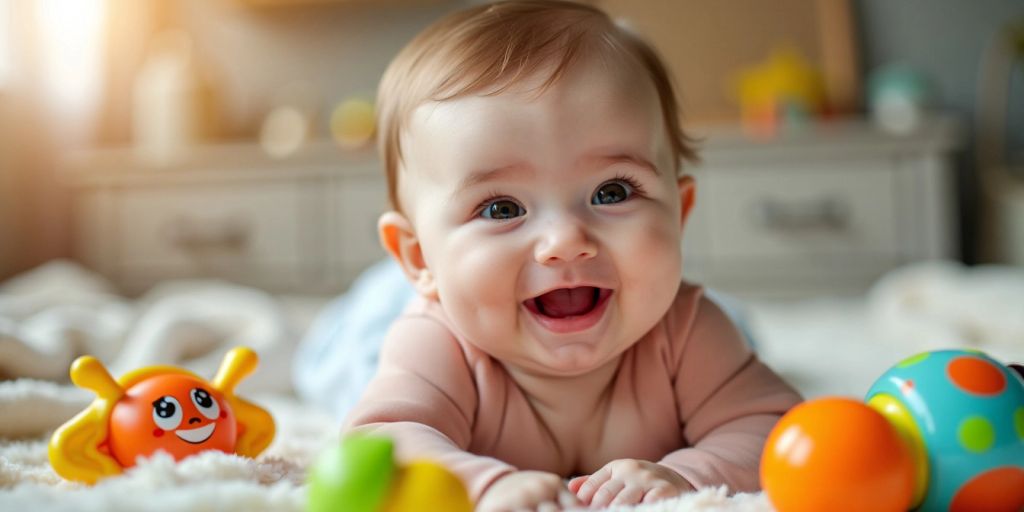 Happy baby on blanket with colorful toys