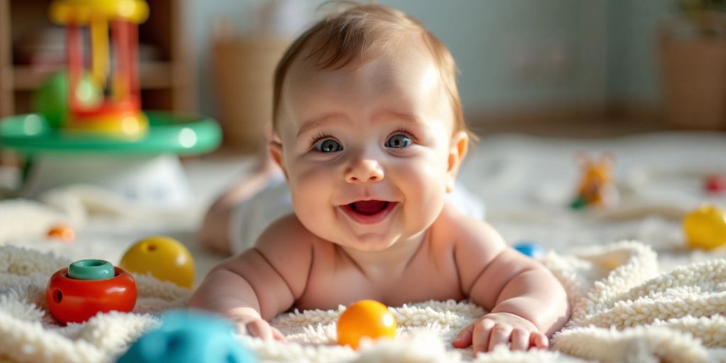 Happy baby on blanket with toys