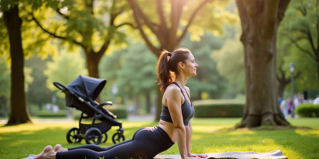 New mother doing yoga in the park