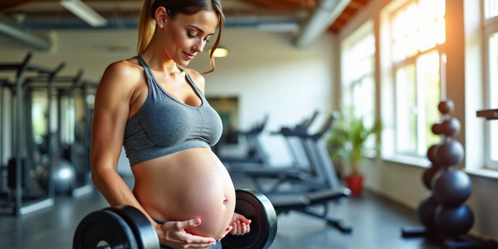 Pregnant woman lifting weights in a gym.