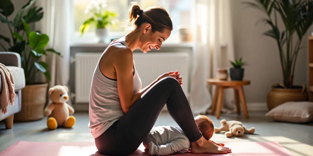 New mom exercising on a yoga mat with baby toys.