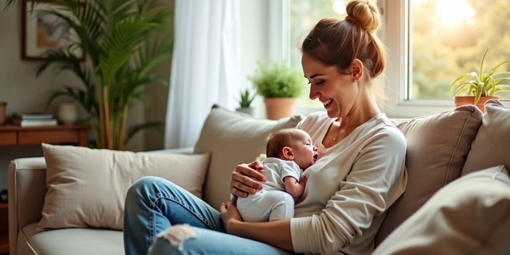 New mom holding baby in cozy living room