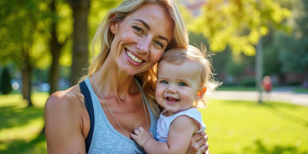 Fit mother holding baby in a sunny park