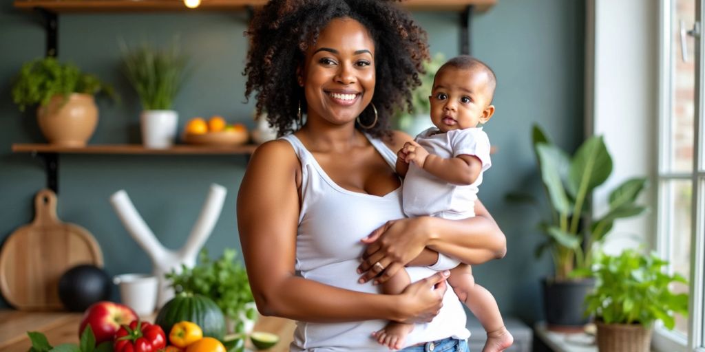 Mother with baby, healthy foods, and exercise gear.