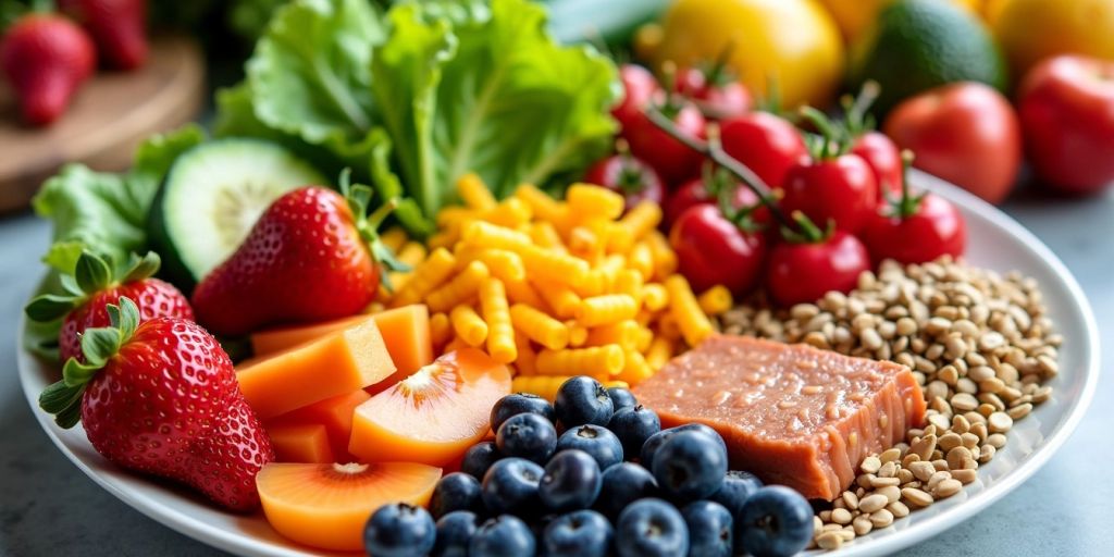 Plate of healthy foods for new moms after pregnancy.