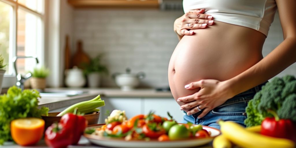 Pregnant woman with healthy food in a bright kitchen.