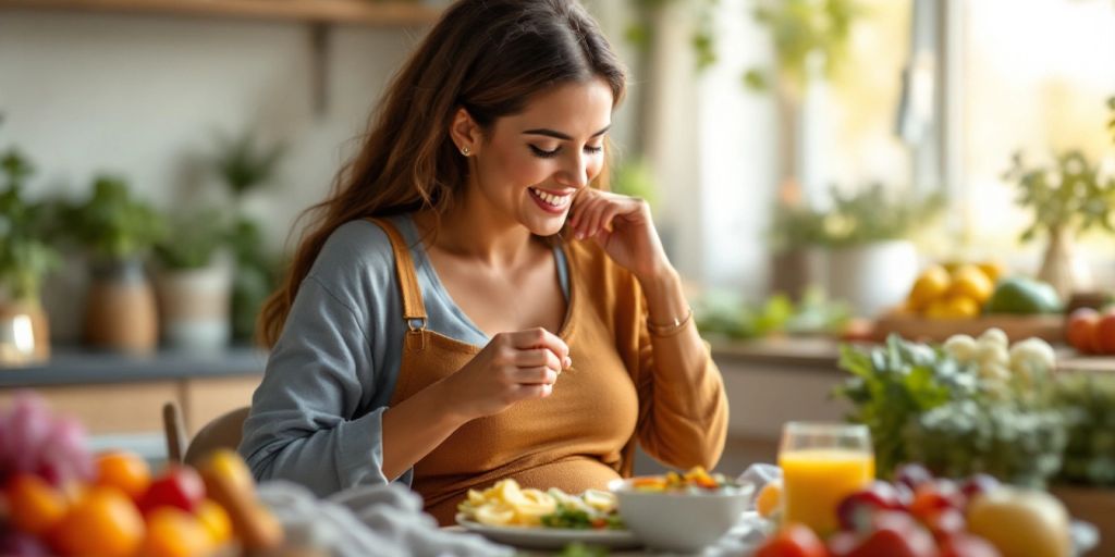 New mom enjoying a healthy meal with fresh produce.