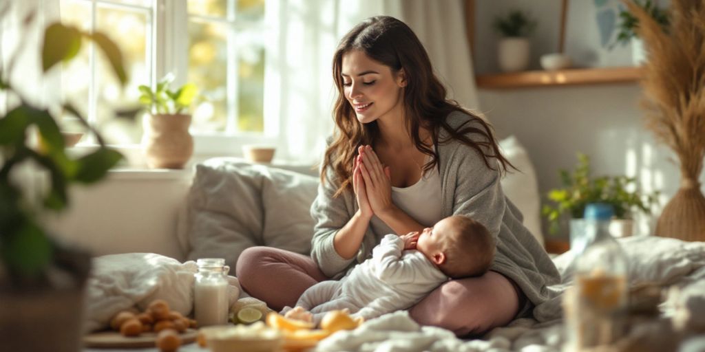 Mother exercising with baby in a bright, cozy room.