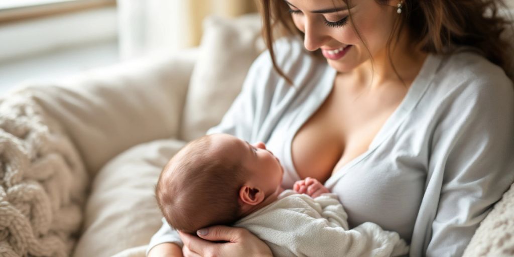 Mother cradling baby in a cozy, serene setting.