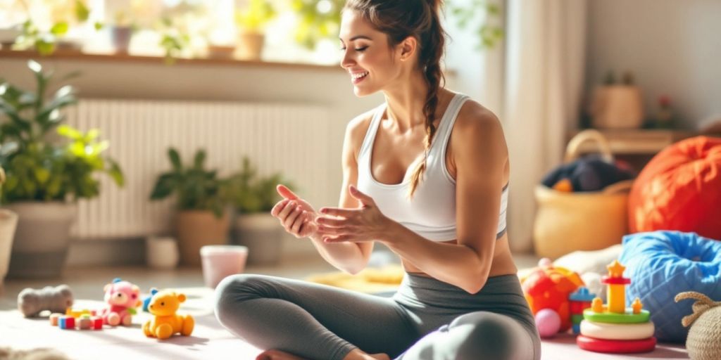 New mom exercising on a yoga mat with baby toys.