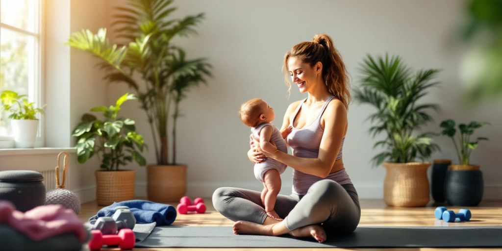 New mom exercising with baby in a bright space.