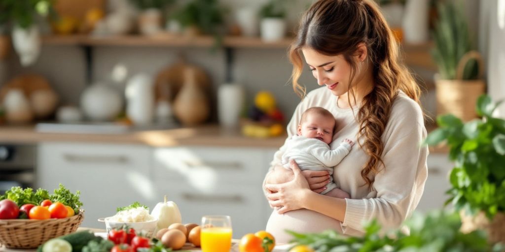 Mother with baby and healthy foods in a serene setting.