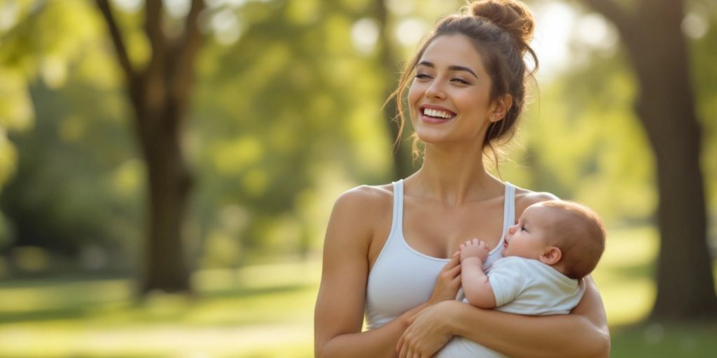 New mom exercising outdoors with her baby in a park.