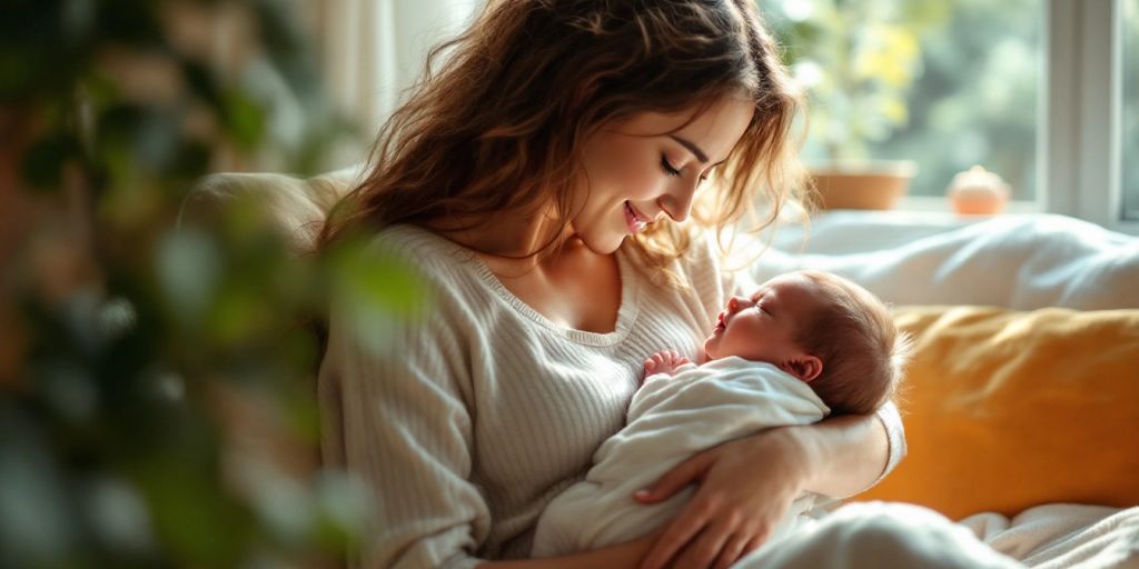 New mother holding her baby in a cozy setting.