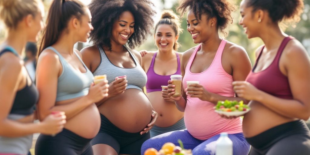 Women exercising together outdoors after pregnancy.