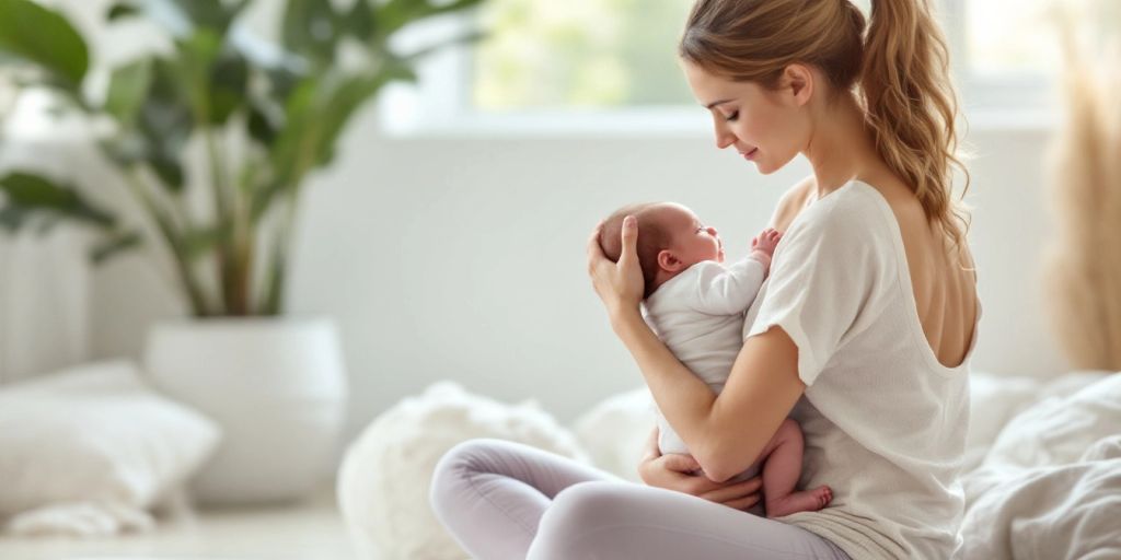 Postpartum mother practicing yoga with her baby.