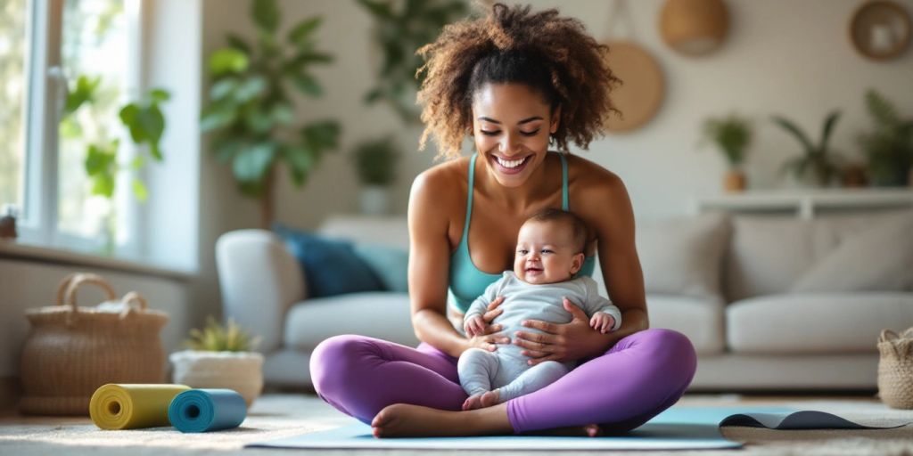 New mom exercising with baby on a yoga mat.