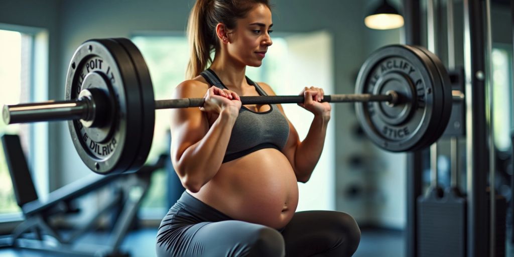 Pregnant woman doing a barbell squat in a gym.