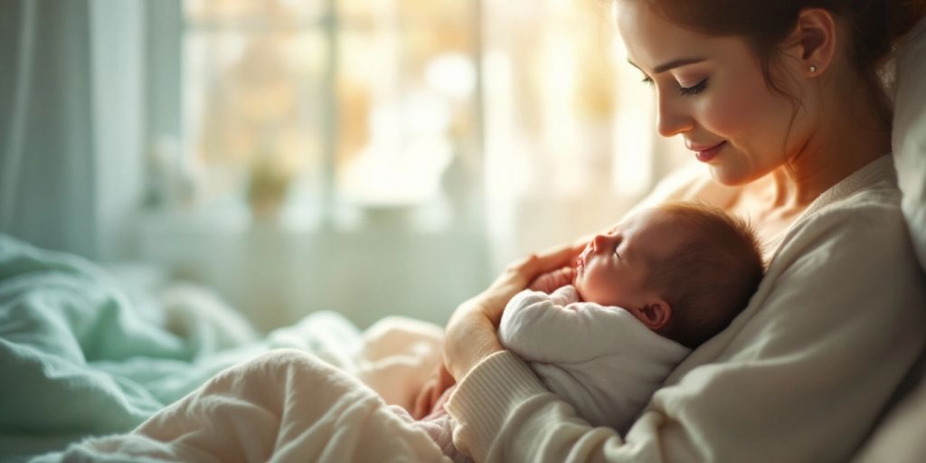 Mother holding newborn in a warm, nurturing environment.