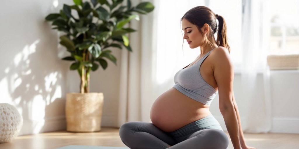 Mother doing core exercises on a yoga mat.