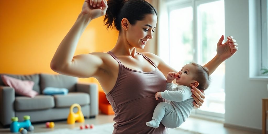 New mom exercising with baby in a cozy living room.