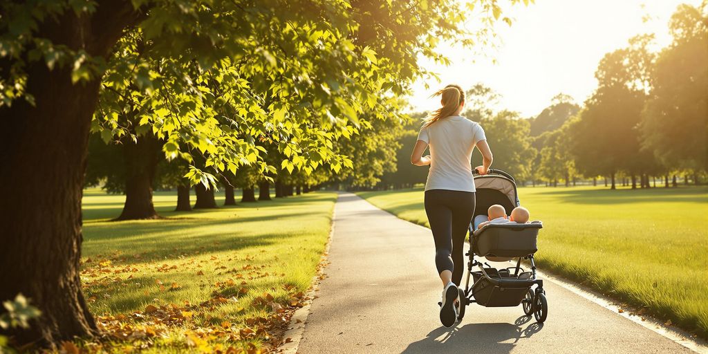 New mom jogging in park with baby stroller.