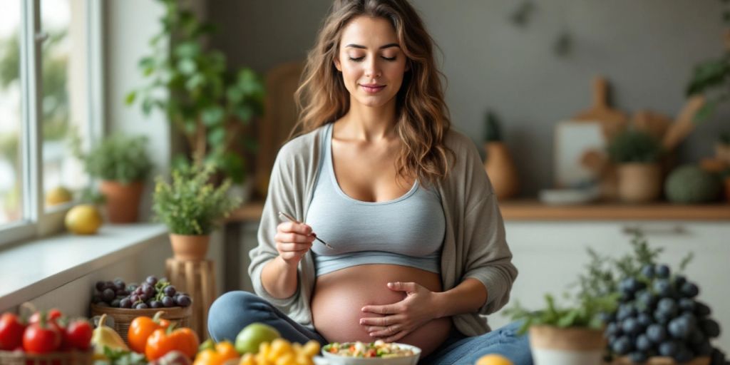 Mother and child surrounded by healthy food and exercise.