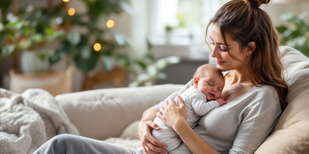 Mother cradling baby in a warm home setting.