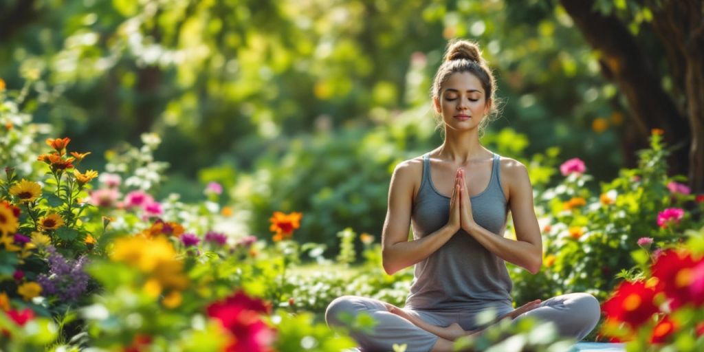 Mom doing yoga in a peaceful garden setting.