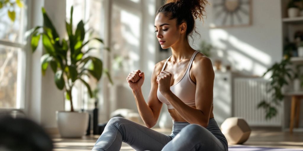 Mother exercising in home gym, focusing on core workouts.