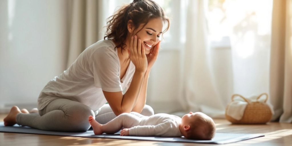 Mother exercising on a yoga mat with her baby.