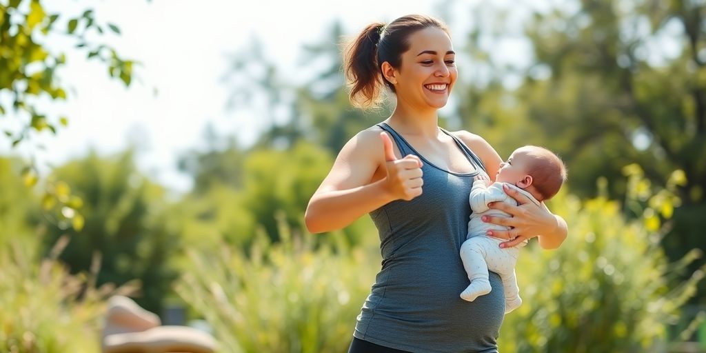 New mom exercising outdoors with her baby near her.