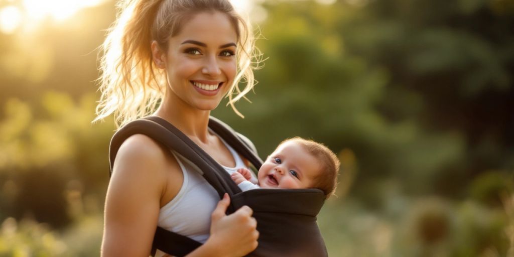 Postpartum woman exercising outdoors with her baby.