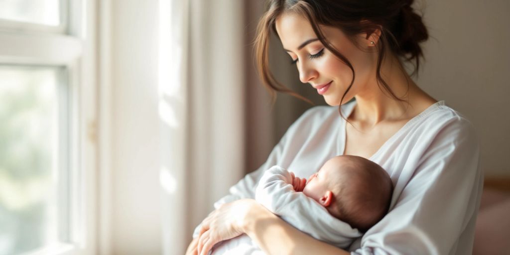 New mother with baby in a peaceful, warm setting.