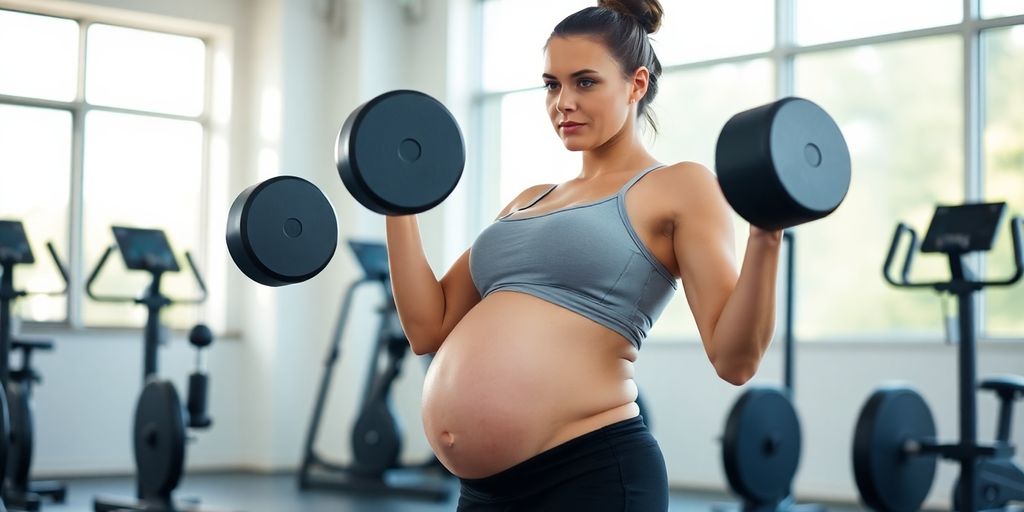 Pregnant woman lifting weights in a gym setting.