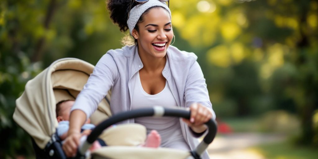 New mom exercising with baby in a stroller outdoors.