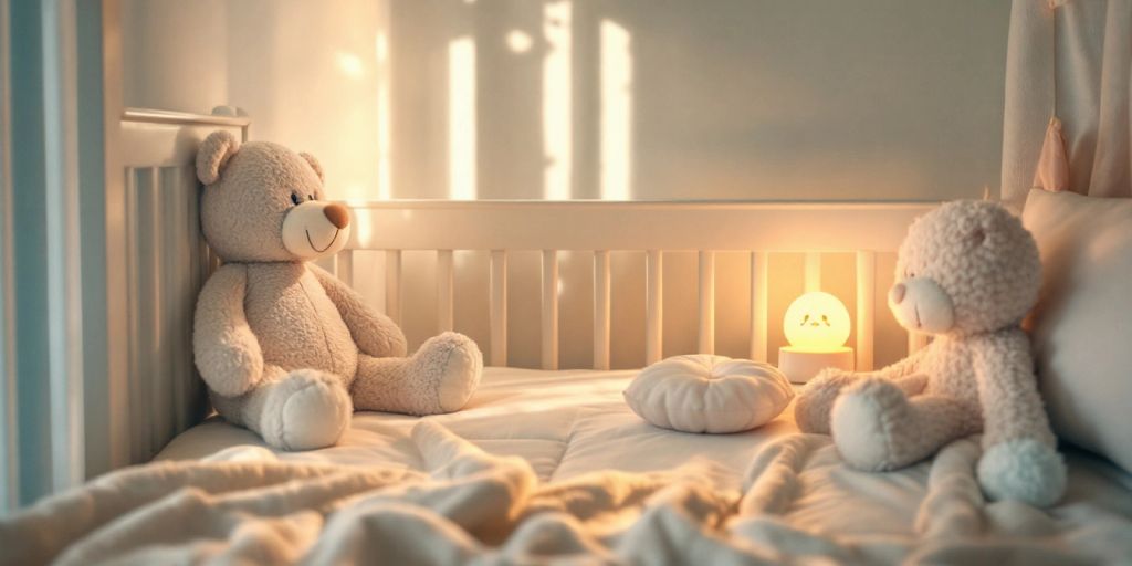 Cozy baby room with crib and soft toys.