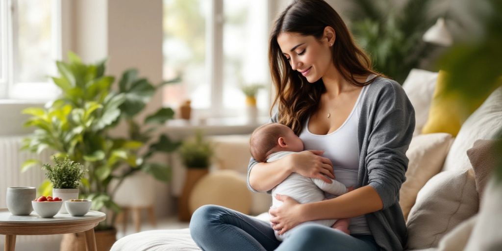 Mother exercising with baby in a bright, airy room.